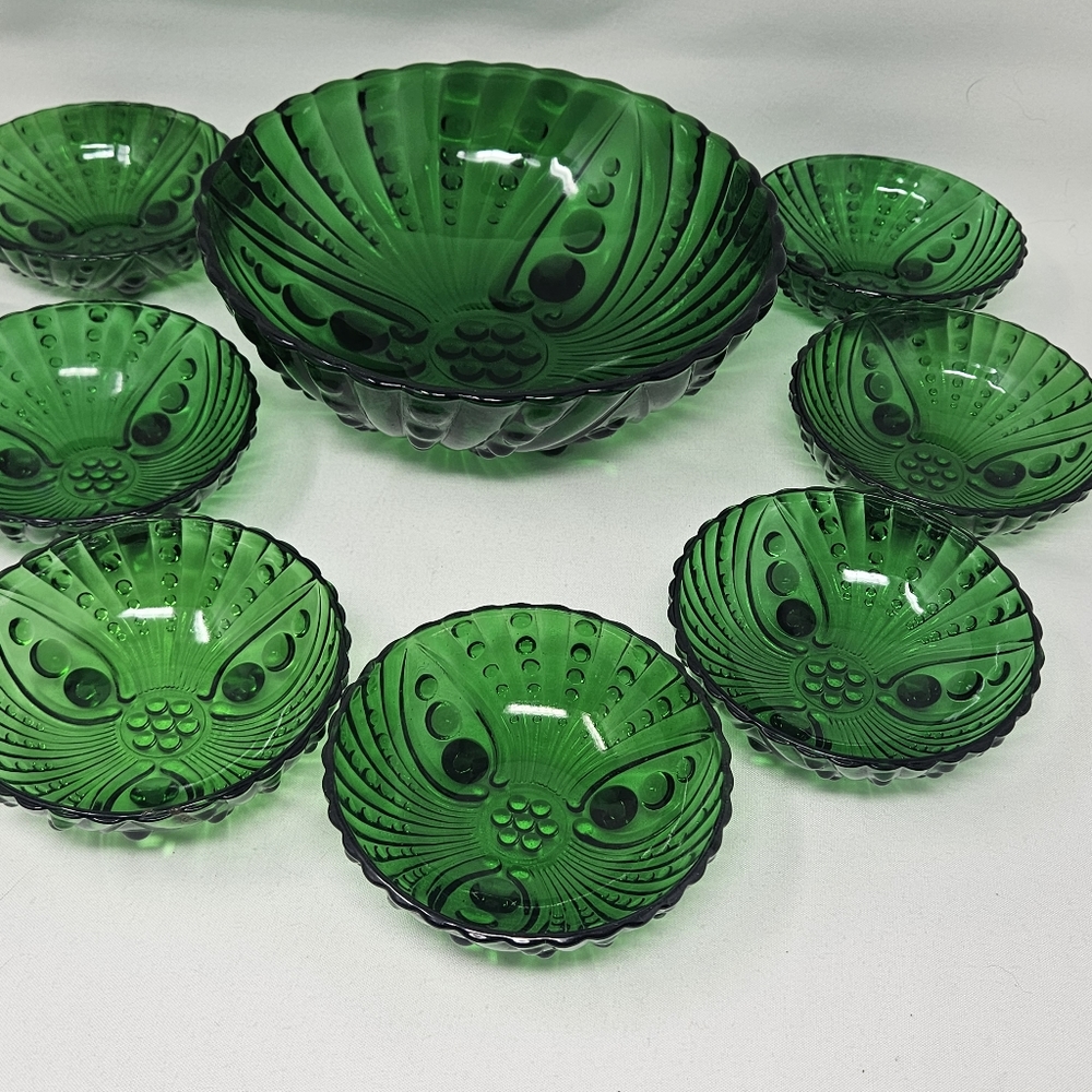 ANCHOR HOCKING Oyster & Pearl emerald salad set vintage 1950's - Picture 7 of 11